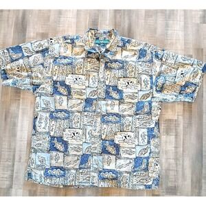 Vintage Big Dogs Hawaiian Shirt Mens XL Blue Botton-up Travel International 90's